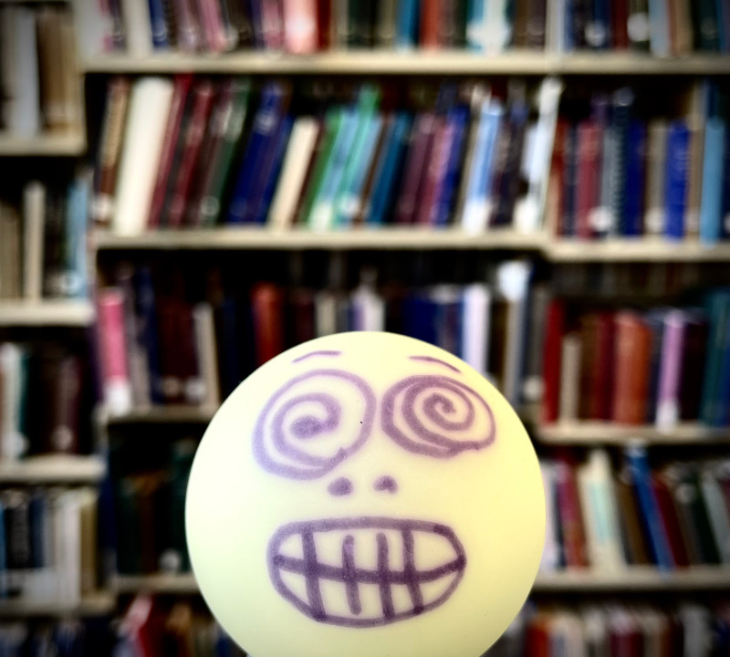 crazy eyes face drawn on ball in front of bookshelves