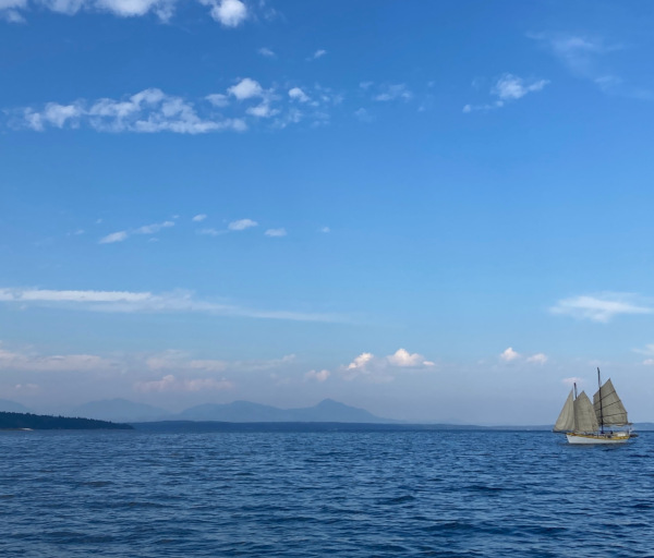 a junk rigged sailboat somewhere in the Salish Sea